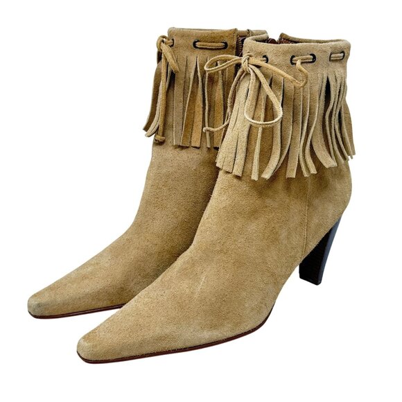 Nine West Fringe Suede Ankle Boots 9M Camel Tan Pointed Western Toe High Heel - Picture 1 of 10